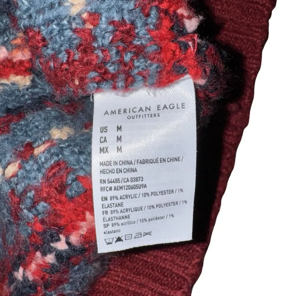 American Eagle‎ Super Soft Red Fair Isle Full Zip Up Cardigan Sweater Size Med